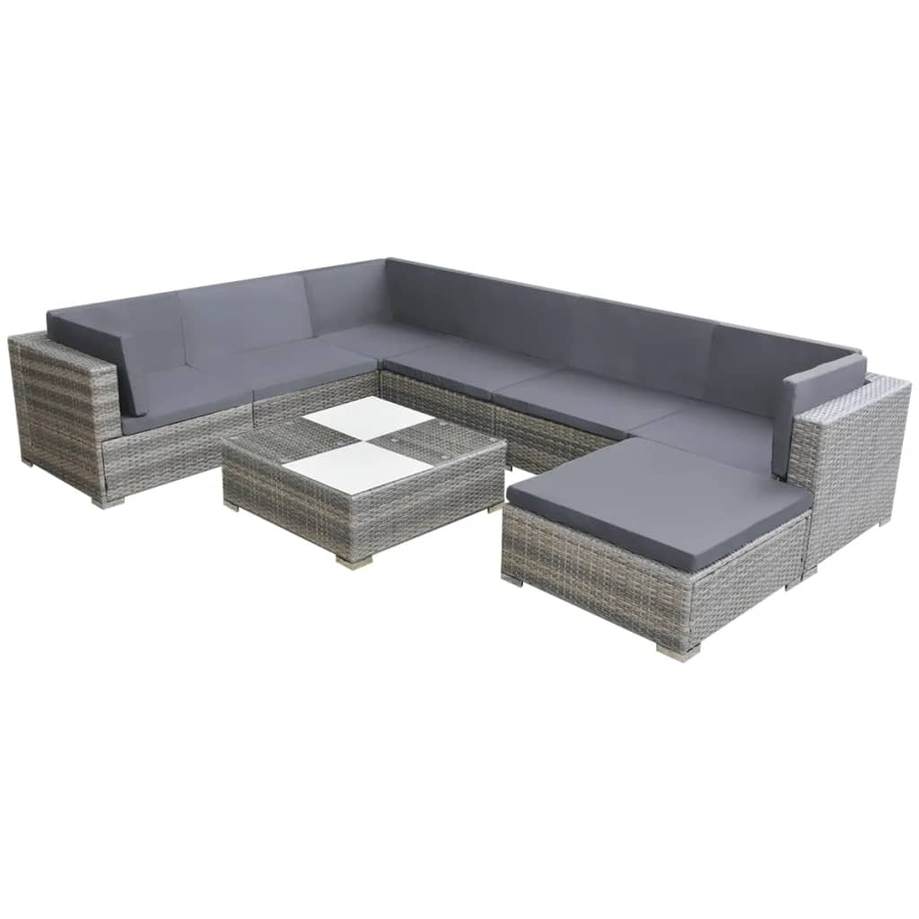 8 Piece Garden Lounge Set with Cushions - Poly Rattan Grey