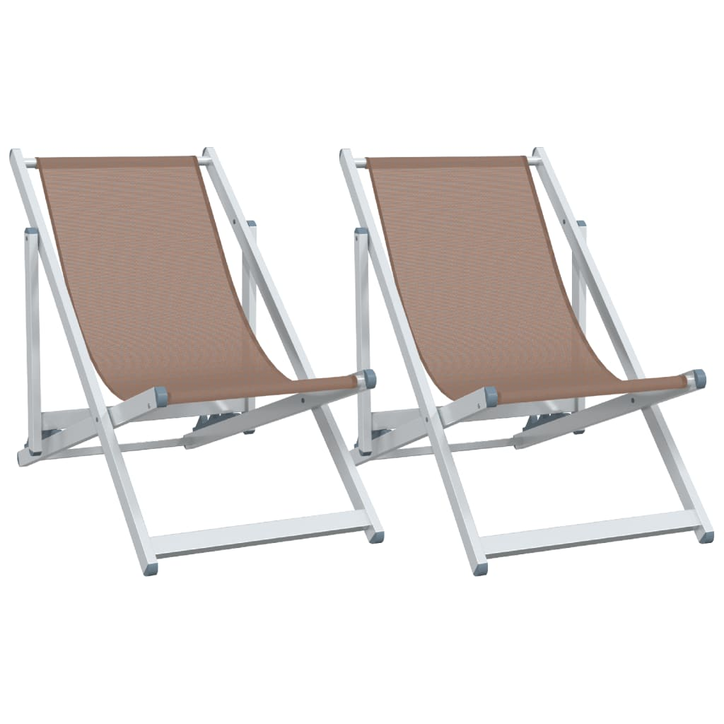 Folding Beach Chairs - Set of 2 - Brown Aluminium and Textilene