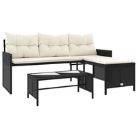 Garden Sofa with Table and Cushions - L-Shaped Black Poly Rattan