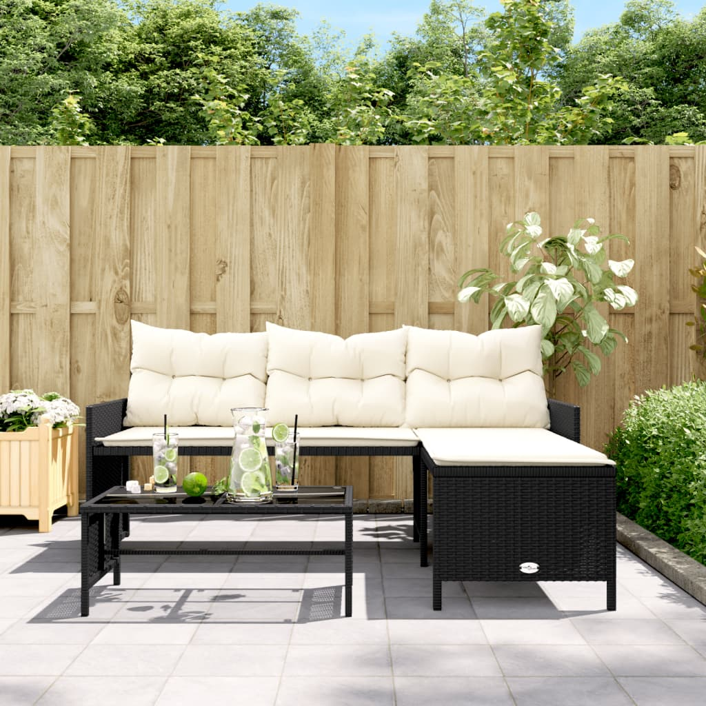 Garden Sofa with Table and Cushions - L-Shaped Black Poly Rattan