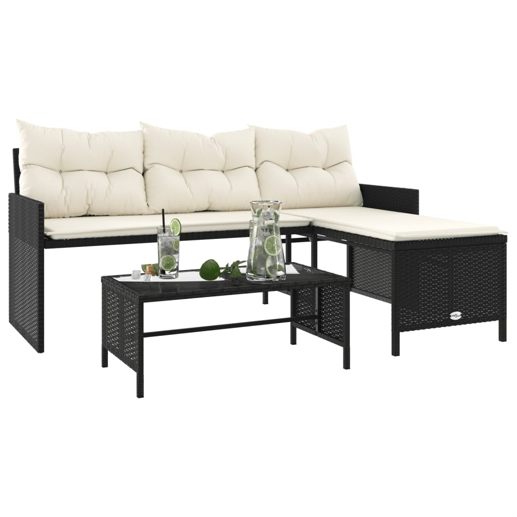 Garden Sofa with Table and Cushions - L-Shaped Black Poly Rattan