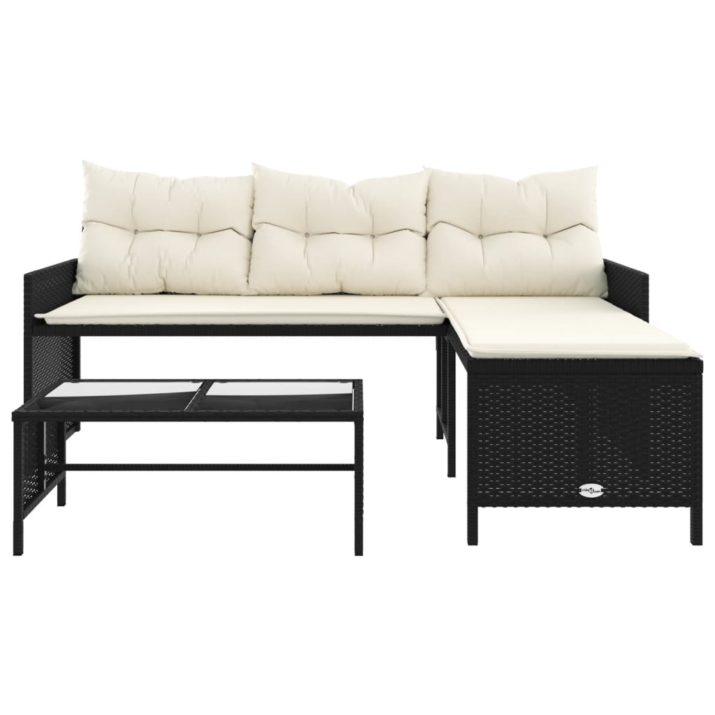 Garden Sofa with Table and Cushions - L-Shaped Black Poly Rattan