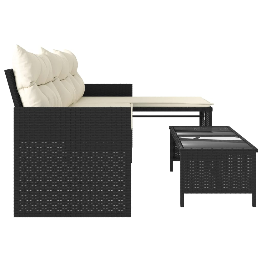 Garden Sofa with Table and Cushions - L-Shaped Black Poly Rattan