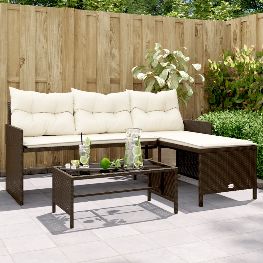 Garden Sofa with Table and Cushions | L-Shaped Brown Poly Rattan | Outdoor Furniture