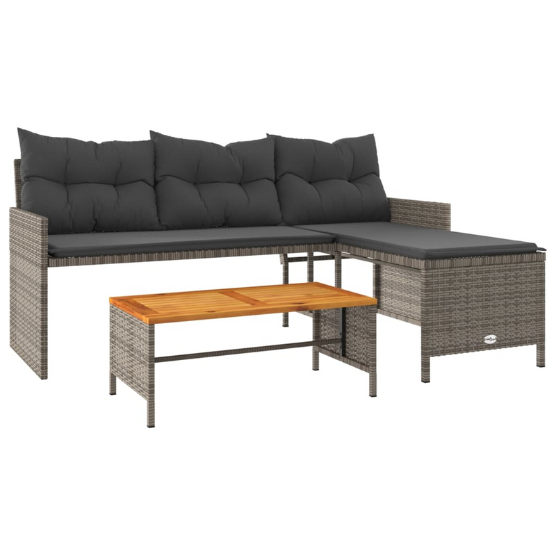 Garden Sofa with Table and Cushions | L-Shaped Grey Poly Rattan