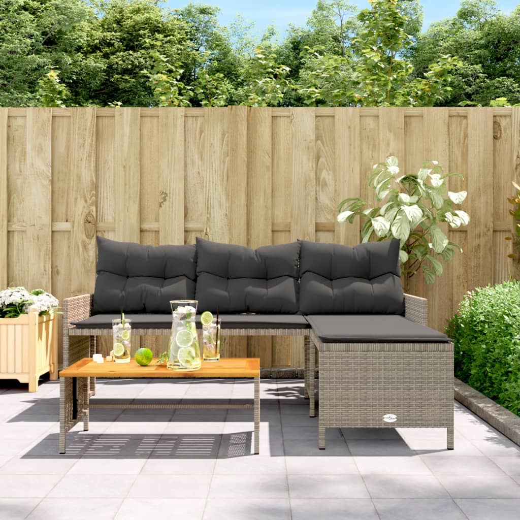 Garden Sofa with Table and Cushions | L-Shaped Grey Poly Rattan