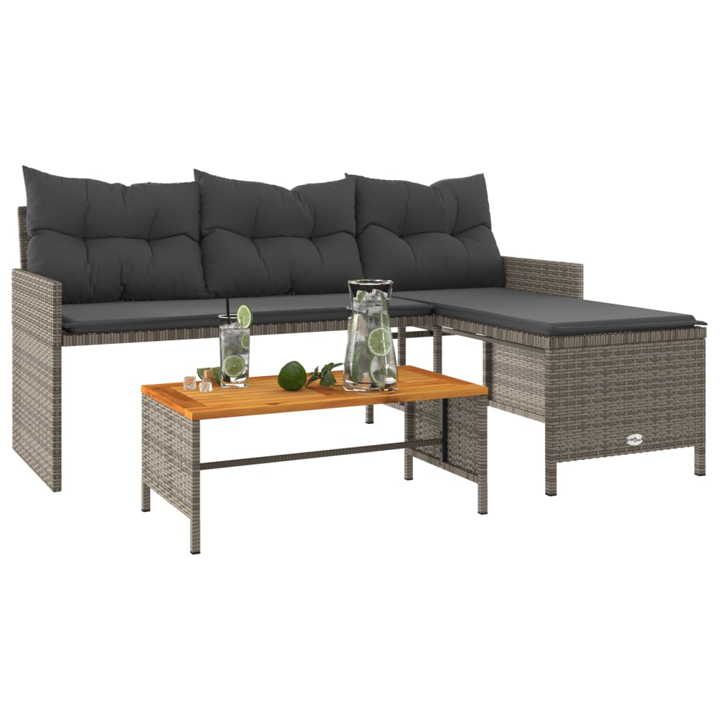 Garden Sofa with Table and Cushions | L-Shaped Grey Poly Rattan