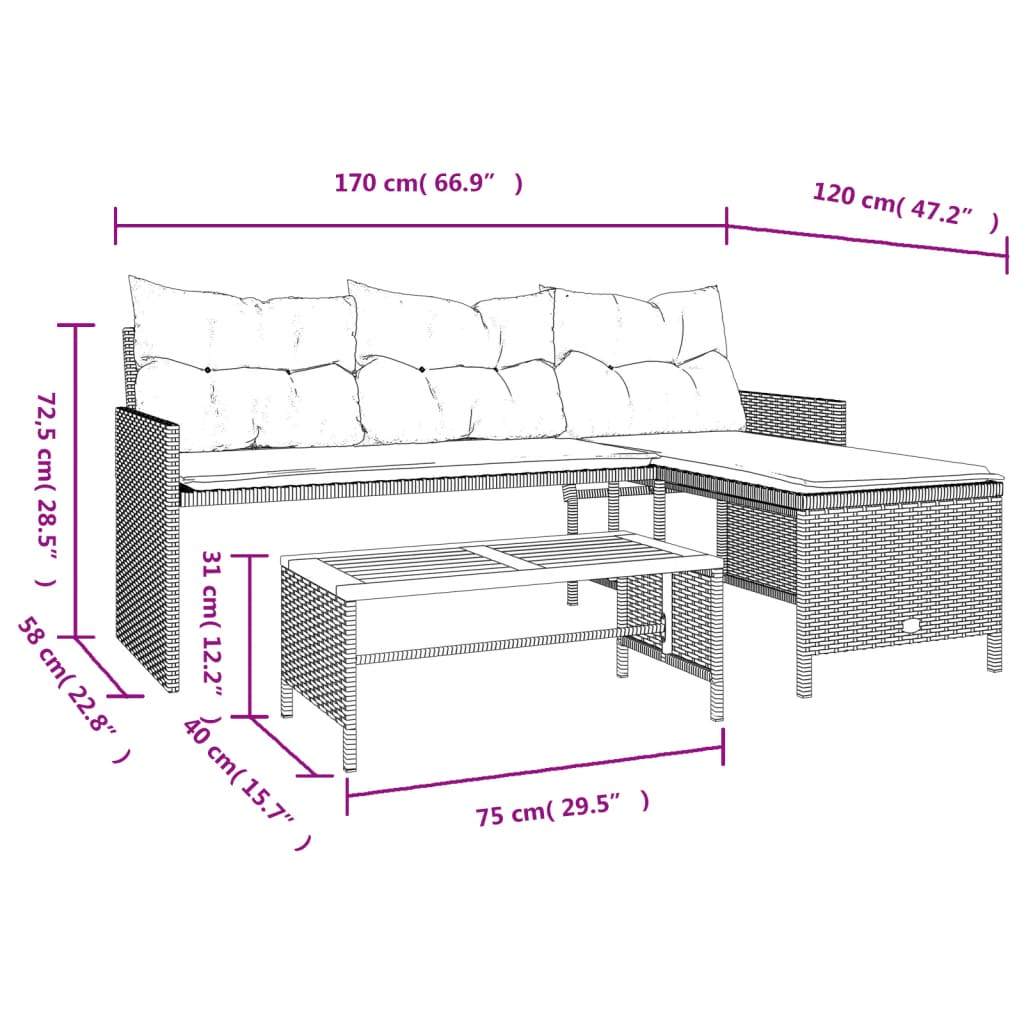 Garden Sofa with Table and Cushions | L-Shaped Grey Poly Rattan