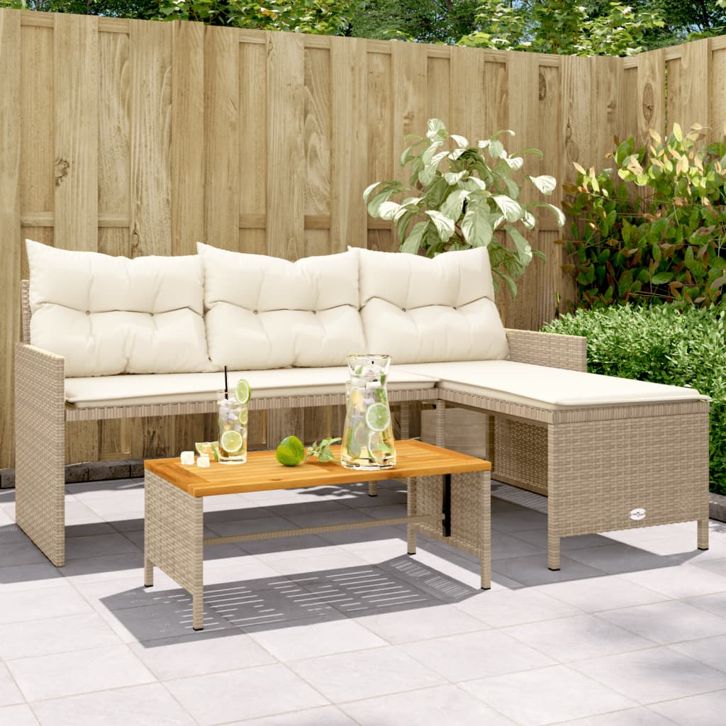 Garden Sofa with Table and Cushions - L-Shaped Beige Poly Rattan