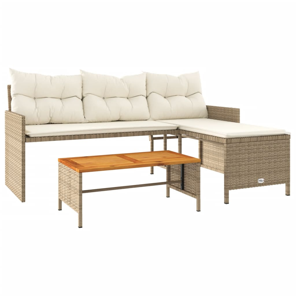 Garden Sofa with Table and Cushions - L-Shaped Beige Poly Rattan