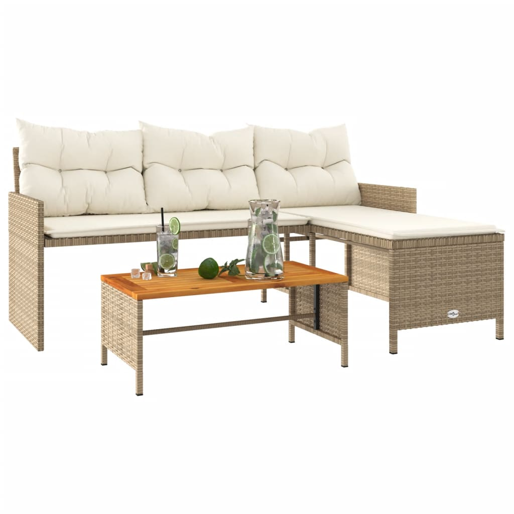 Garden Sofa with Table and Cushions - L-Shaped Beige Poly Rattan