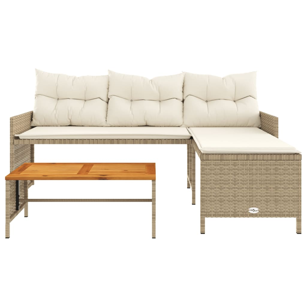 Garden Sofa with Table and Cushions - L-Shaped Beige Poly Rattan