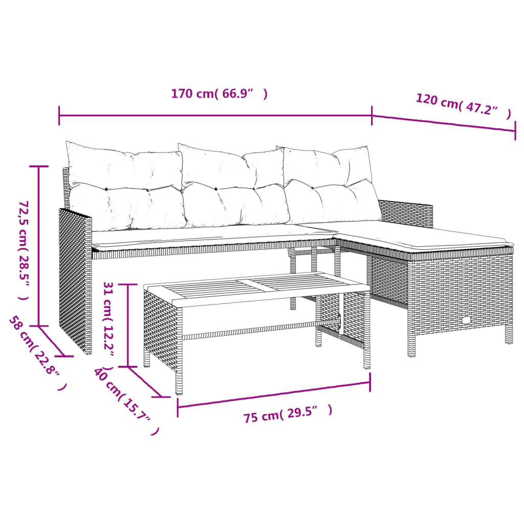 Garden Sofa with Table and Cushions - L-Shaped Beige Poly Rattan