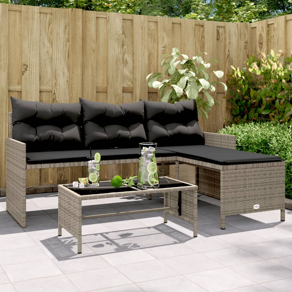 Garden Sofa with Table and Cushions - L-Shaped Grey Poly Rattan | Outdoor Furniture