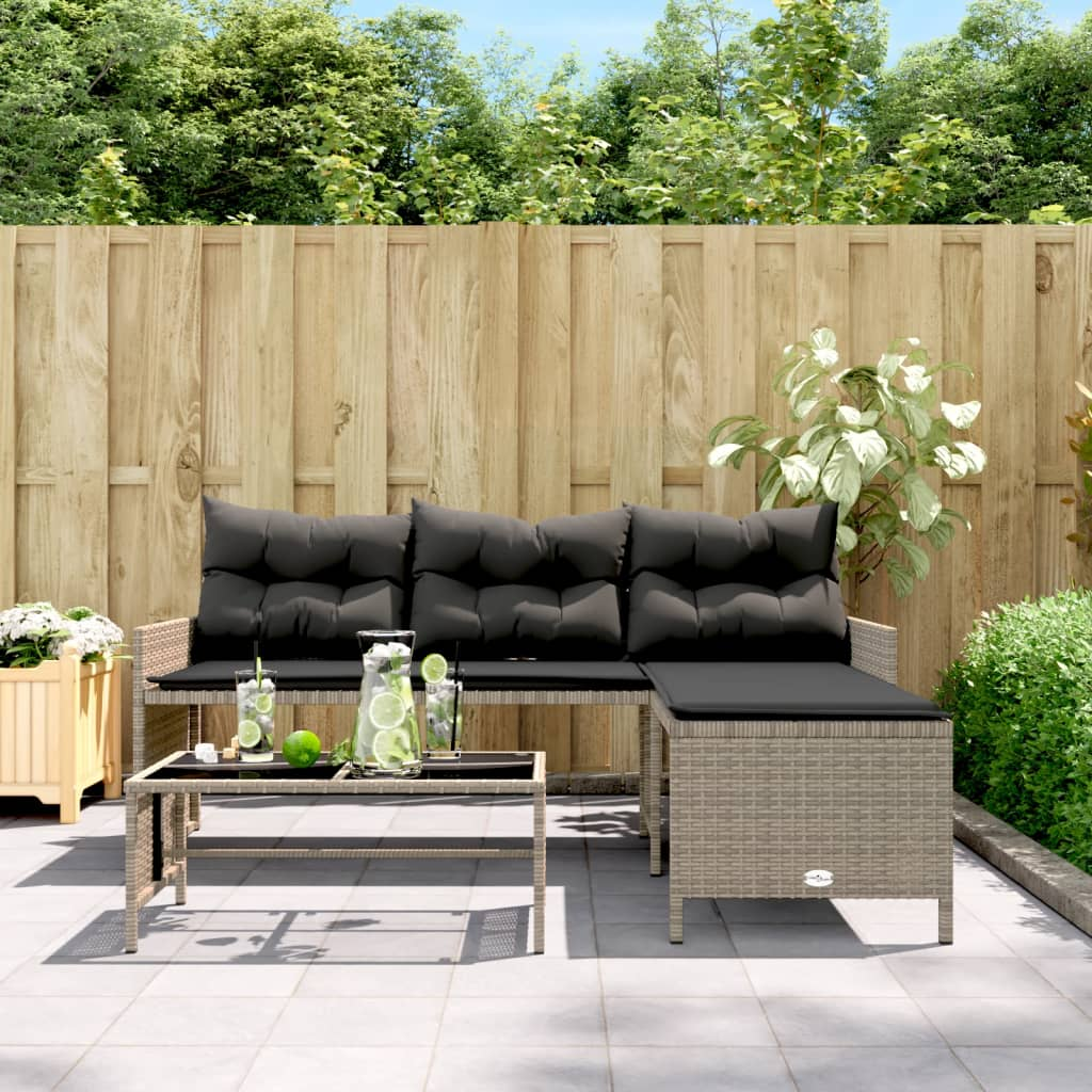 Garden Sofa with Table and Cushions - L-Shaped Grey Poly Rattan | Outdoor Furniture