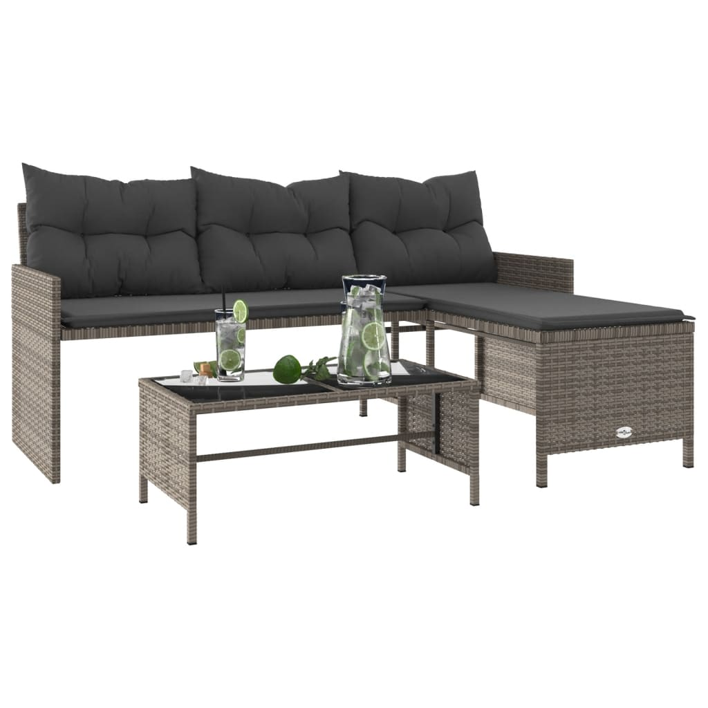 Garden Sofa with Table and Cushions - L-Shaped Grey Poly Rattan | Outdoor Furniture