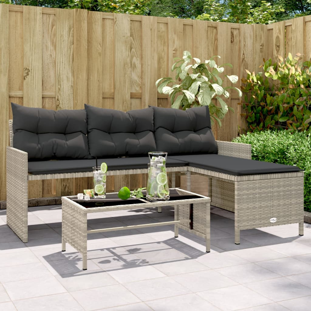 Garden Sofa with Table and Cushions - L-Shaped Light Grey Poly Rattan | Outdoor Furniture Set