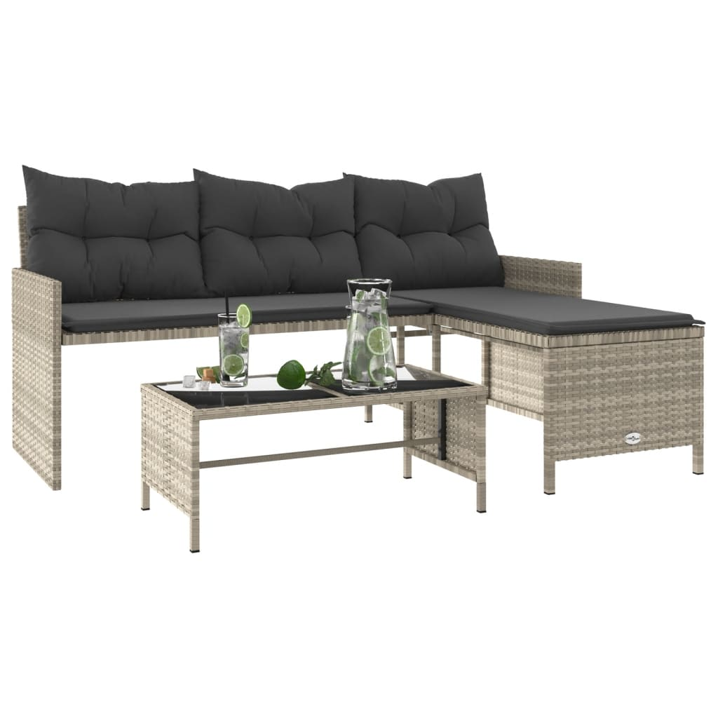 Garden Sofa with Table and Cushions - L-Shaped Light Grey Poly Rattan | Outdoor Furniture Set