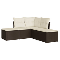 5 Piece Garden Sofa Set with Cushions - Brown Poly Rattan