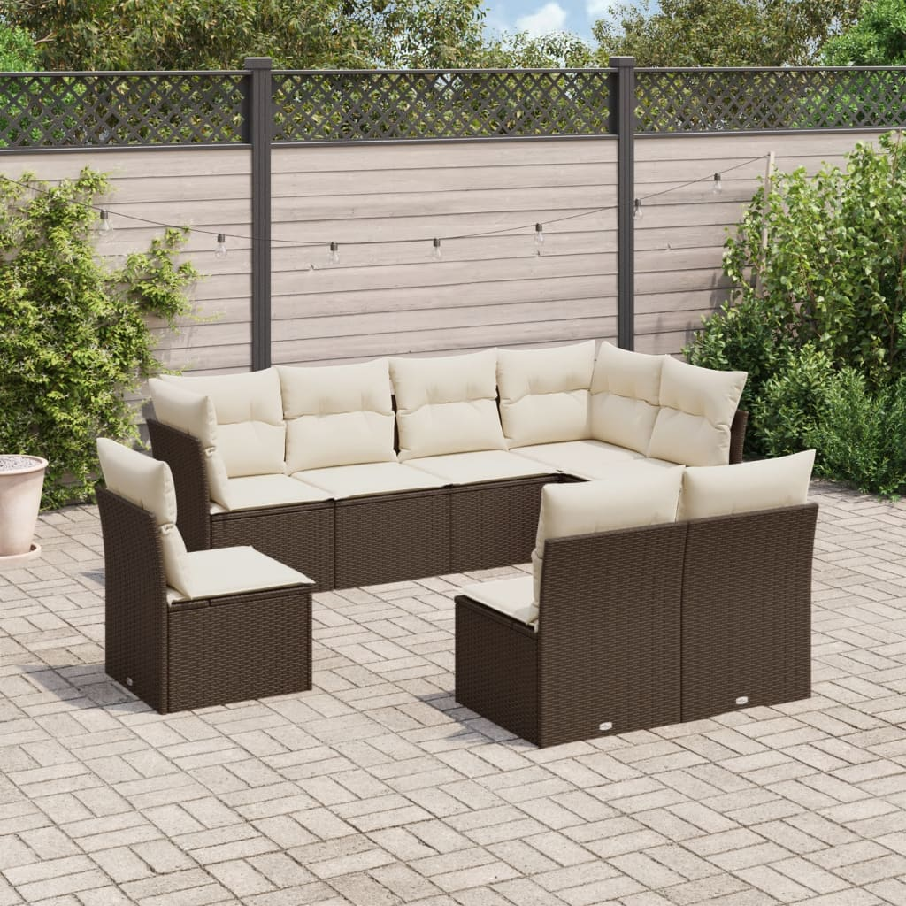 8 Piece Garden Sofa Set with Cushions - Brown Poly Rattan