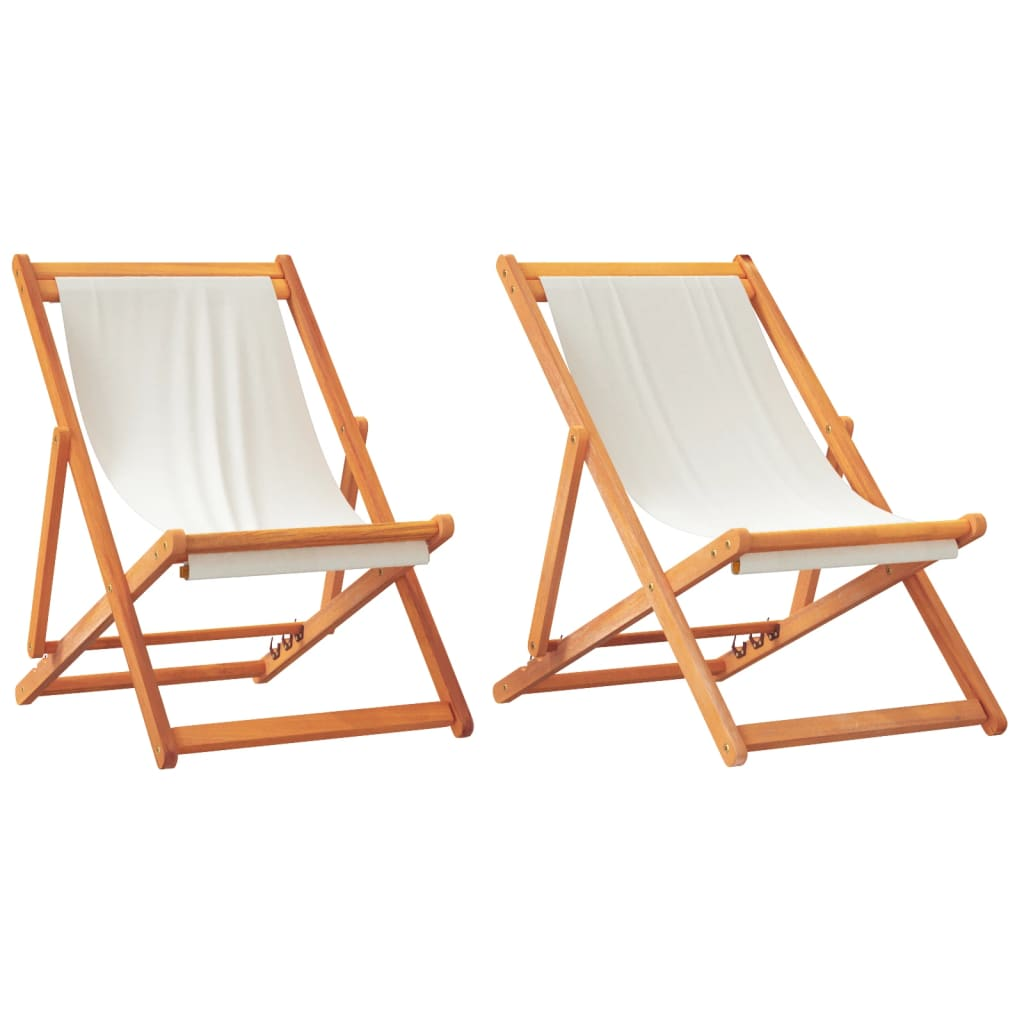 Folding Beach Chairs 2 pcs - Cream White Fabric | Adjustable Reclining Positions | Foldable for Easy Transport and Storage