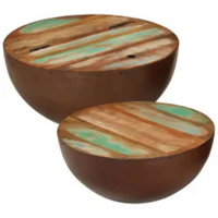 Two Piece Bowl Shaped Coffee Table Set Solid Reclaimed Wood - Unique, Multicolour Design