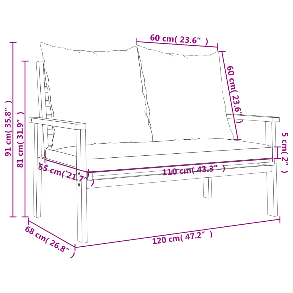 Garden Sofa Bench 120 cm with Cushion | Solid Wood Acacia