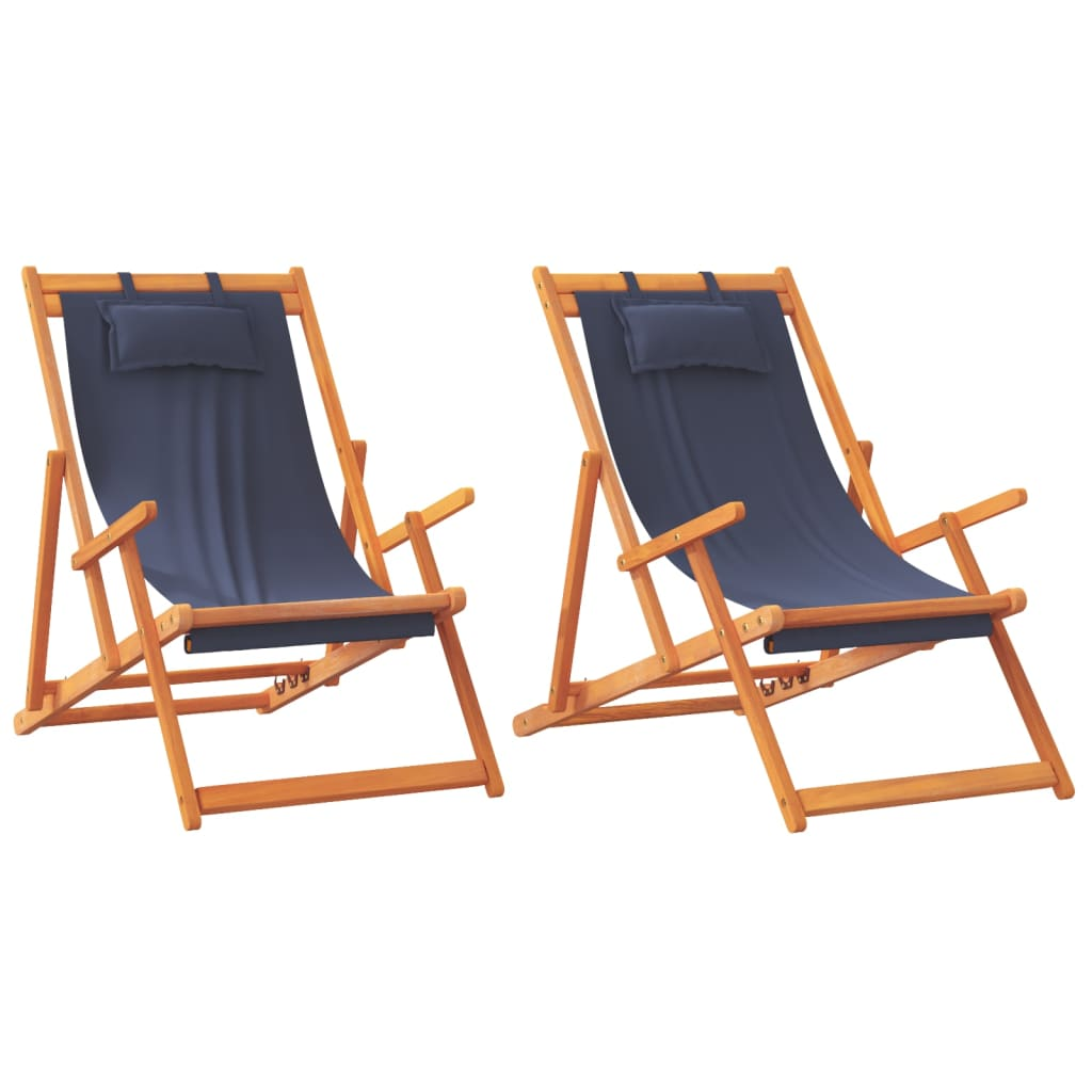 Folding Beach Chairs 2 pcs - Blue Fabric, Adjustable Reclining Positions, Foldable Design