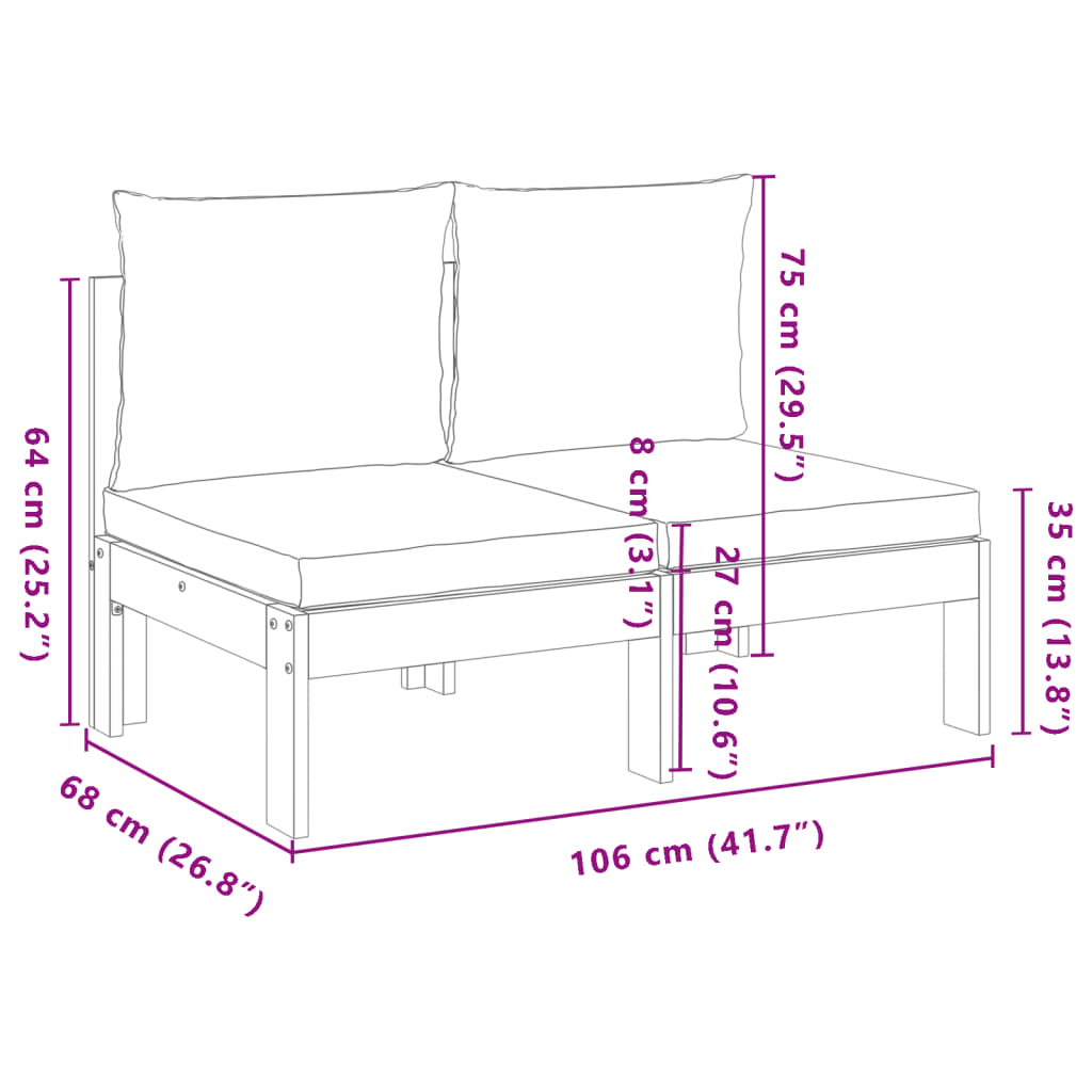 Armless Garden Sofa with Cushions - 2-Seater Solid Wood Acacia