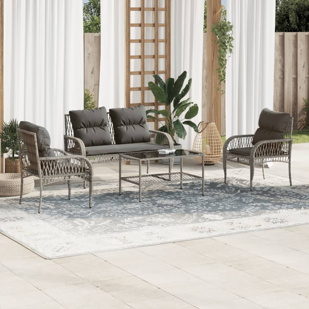 4 Piece Garden Sofa Set with Cushions - Grey Poly Rattan | Comfortable Outdoor Furniture