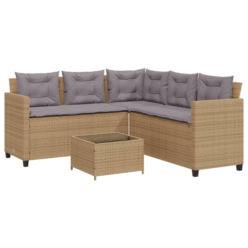 Garden Sofa with Table and Cushions - L-Shaped Beige Poly Rattan | Comfortable Outdoor Furniture