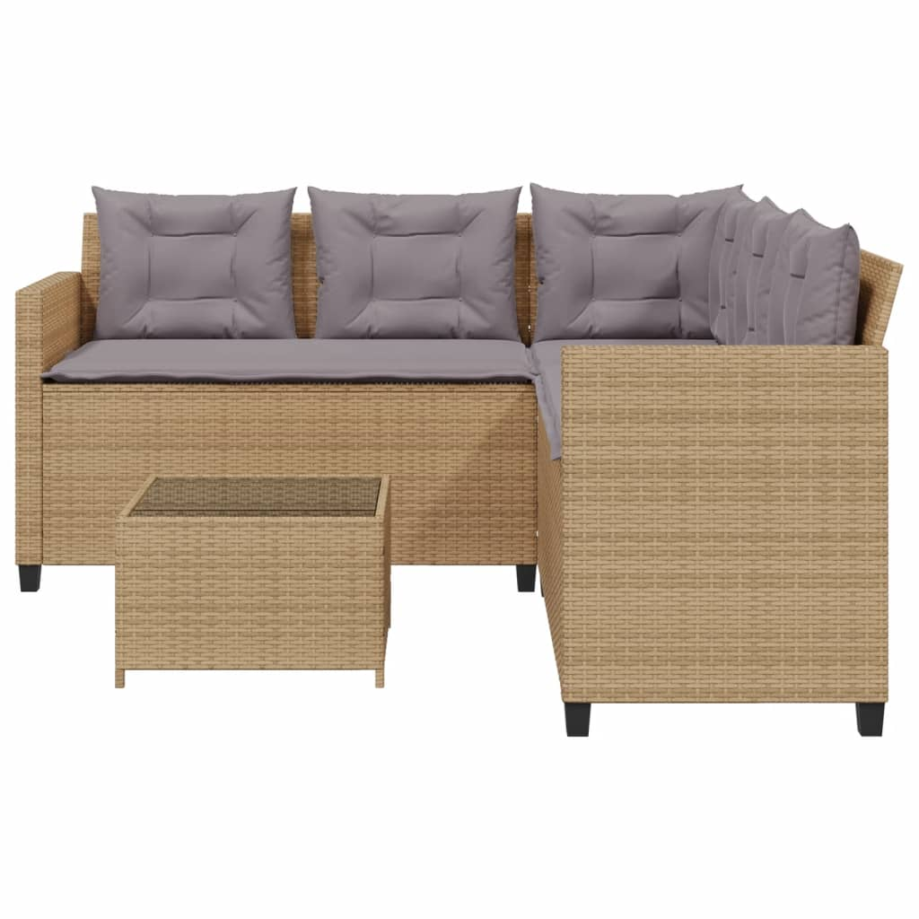 Garden Sofa with Table and Cushions - L-Shaped Beige Poly Rattan | Comfortable Outdoor Furniture