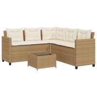 Garden Sofa with Table and Cushions - L-Shaped Beige Poly Rattan | Outdoor Furniture Set