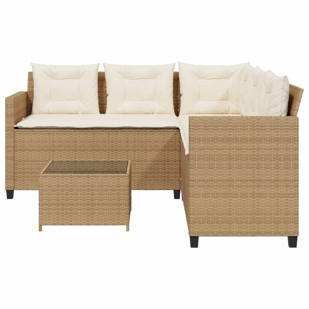 Garden Sofa with Table and Cushions - L-Shaped Beige Poly Rattan | Outdoor Furniture Set