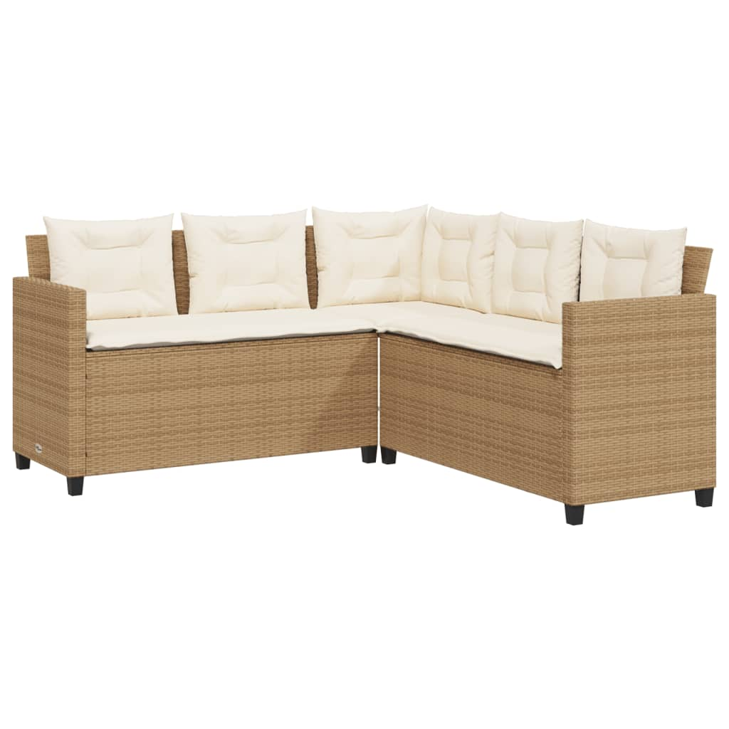 Garden Sofa with Table and Cushions - L-Shaped Beige Poly Rattan | Outdoor Furniture Set