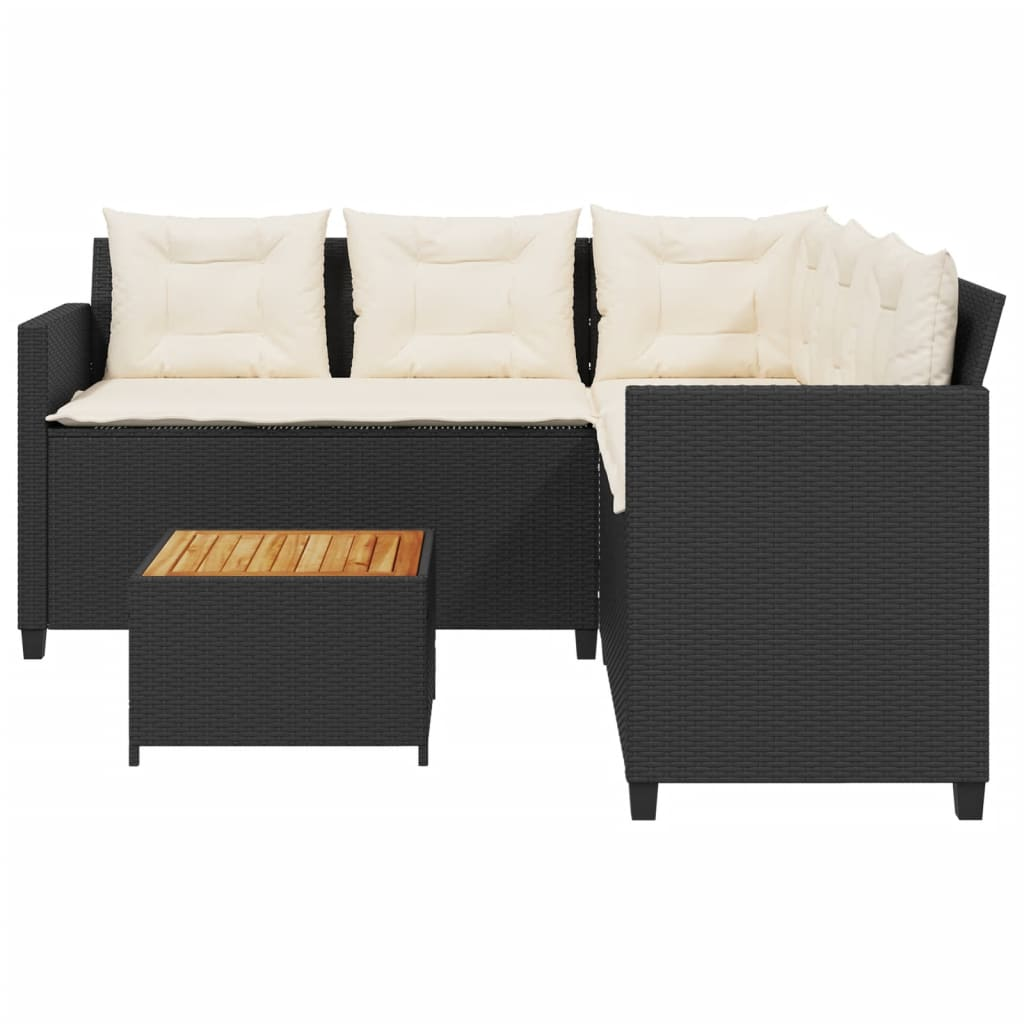 Garden Sofa with Table and Cushions - L-shaped Black Poly Rattan