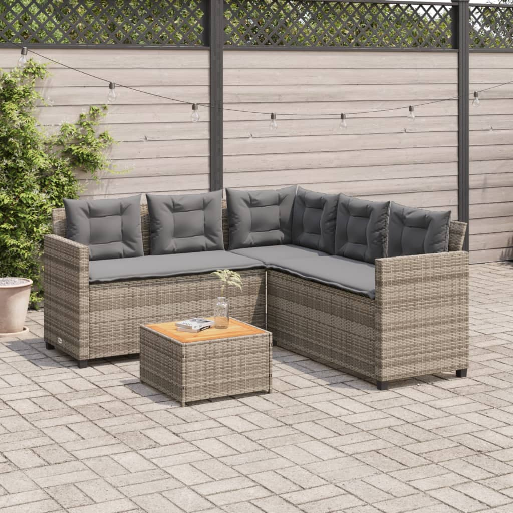 L-Shaped Grey Poly Rattan Garden Sofa with Table and Cushions