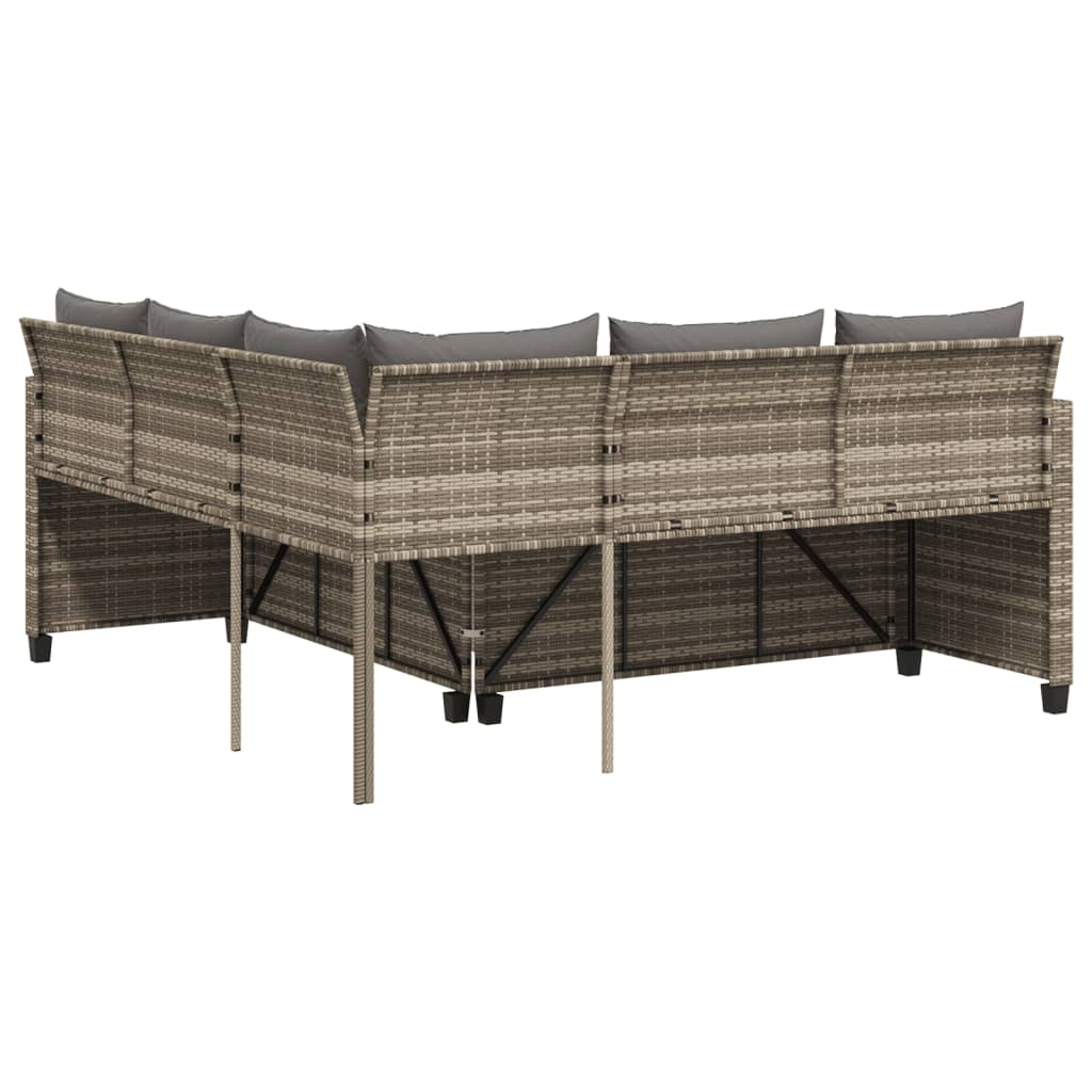 L-Shaped Grey Poly Rattan Garden Sofa with Table and Cushions