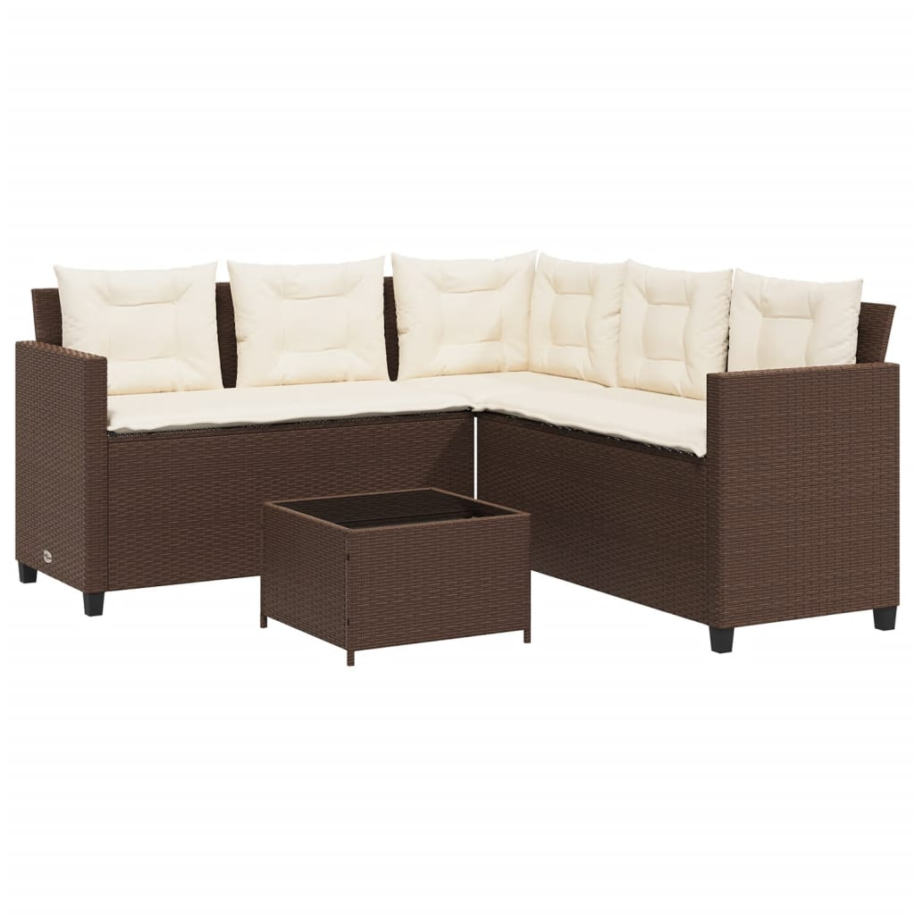 Garden Sofa with Table and Cushions - L-Shaped Brown Poly Rattan | Outdoor Patio Furniture Set