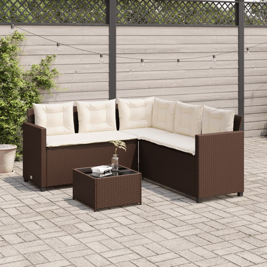 Garden Sofa with Table and Cushions - L-Shaped Brown Poly Rattan | Outdoor Patio Furniture Set