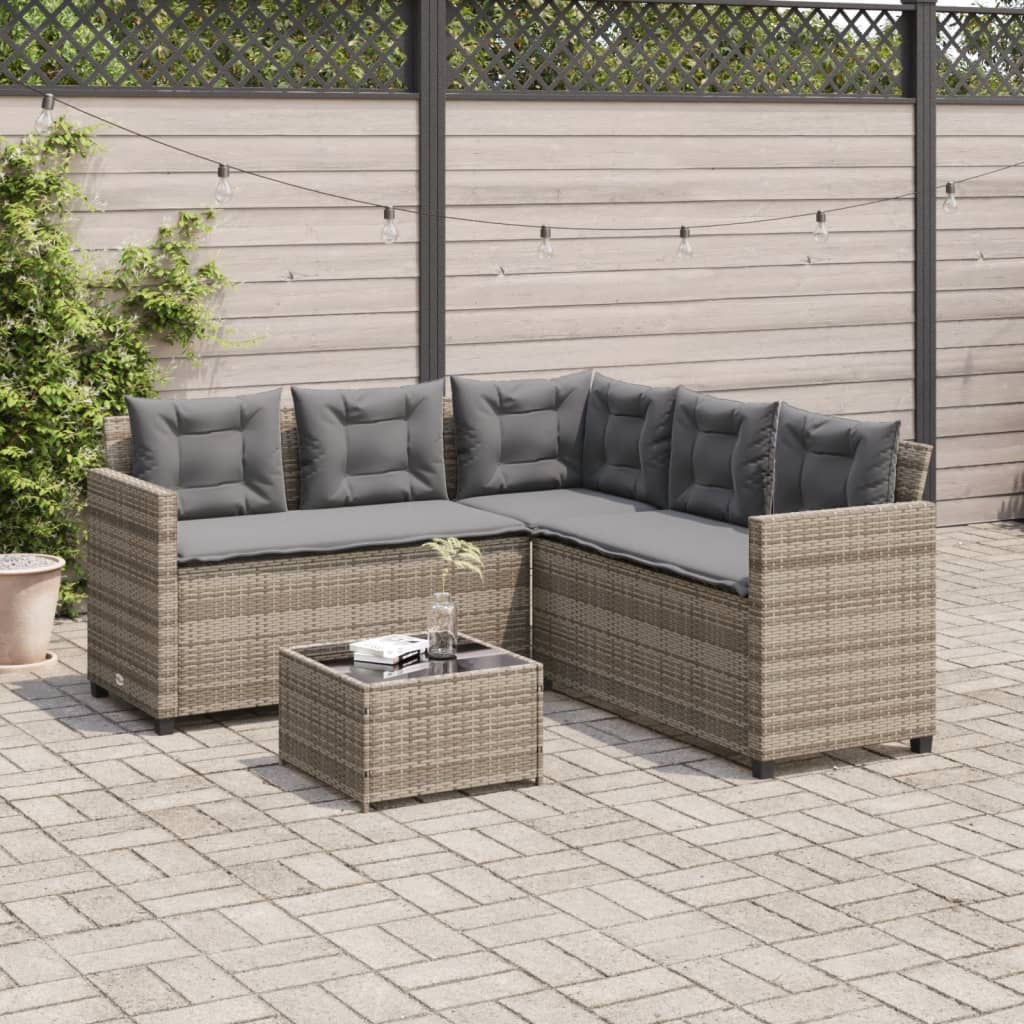 Garden Sofa with Table and Cushions - L-Shaped Grey Poly Rattan | Outdoor Furniture Set