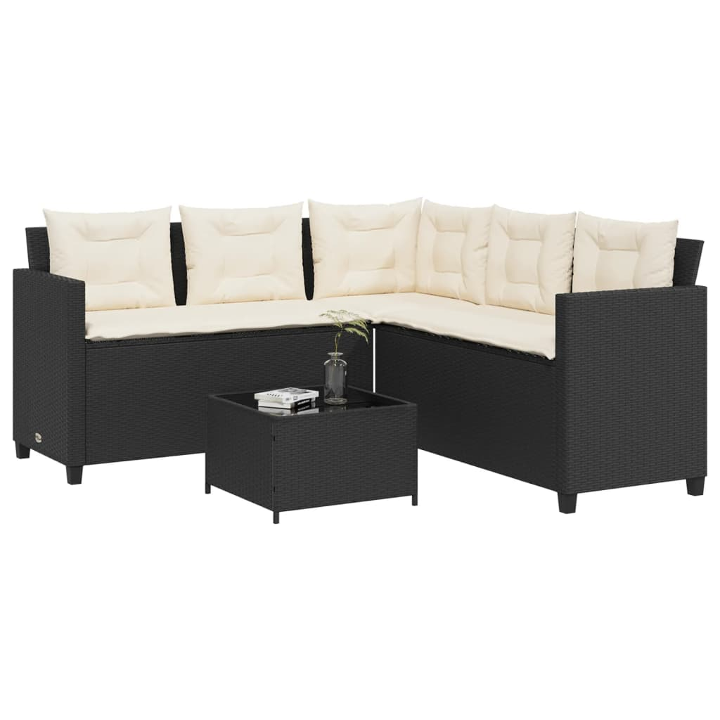 Garden Sofa with Table and Cushions - L-shaped Black Poly Rattan | Outdoor Furniture