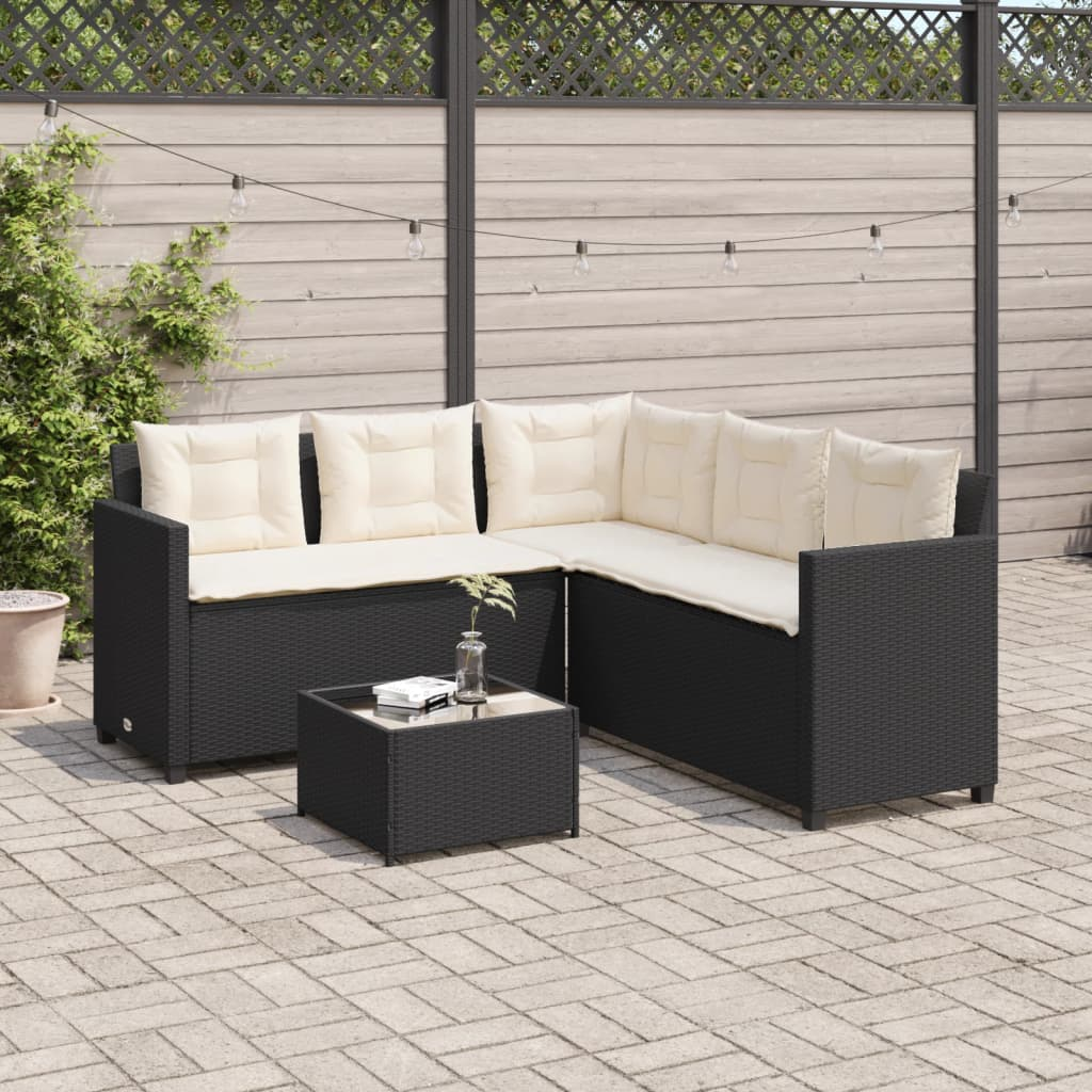 Garden Sofa with Table and Cushions - L-shaped Black Poly Rattan | Outdoor Furniture