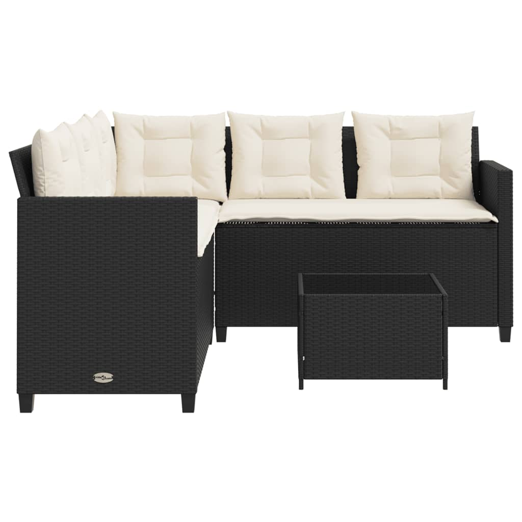 Garden Sofa with Table and Cushions - L-shaped Black Poly Rattan | Outdoor Furniture