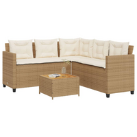 Garden Sofa with Table and Cushions | L-Shaped Beige Poly Rattan | Outdoor Furniture Set