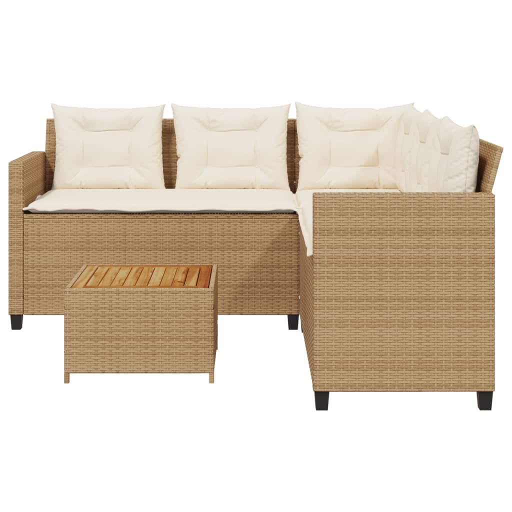 Garden Sofa with Table and Cushions | L-Shaped Beige Poly Rattan | Outdoor Furniture Set