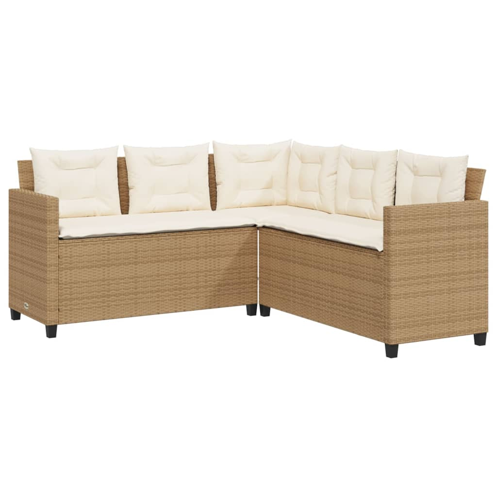 Garden Sofa with Table and Cushions | L-Shaped Beige Poly Rattan | Outdoor Furniture Set