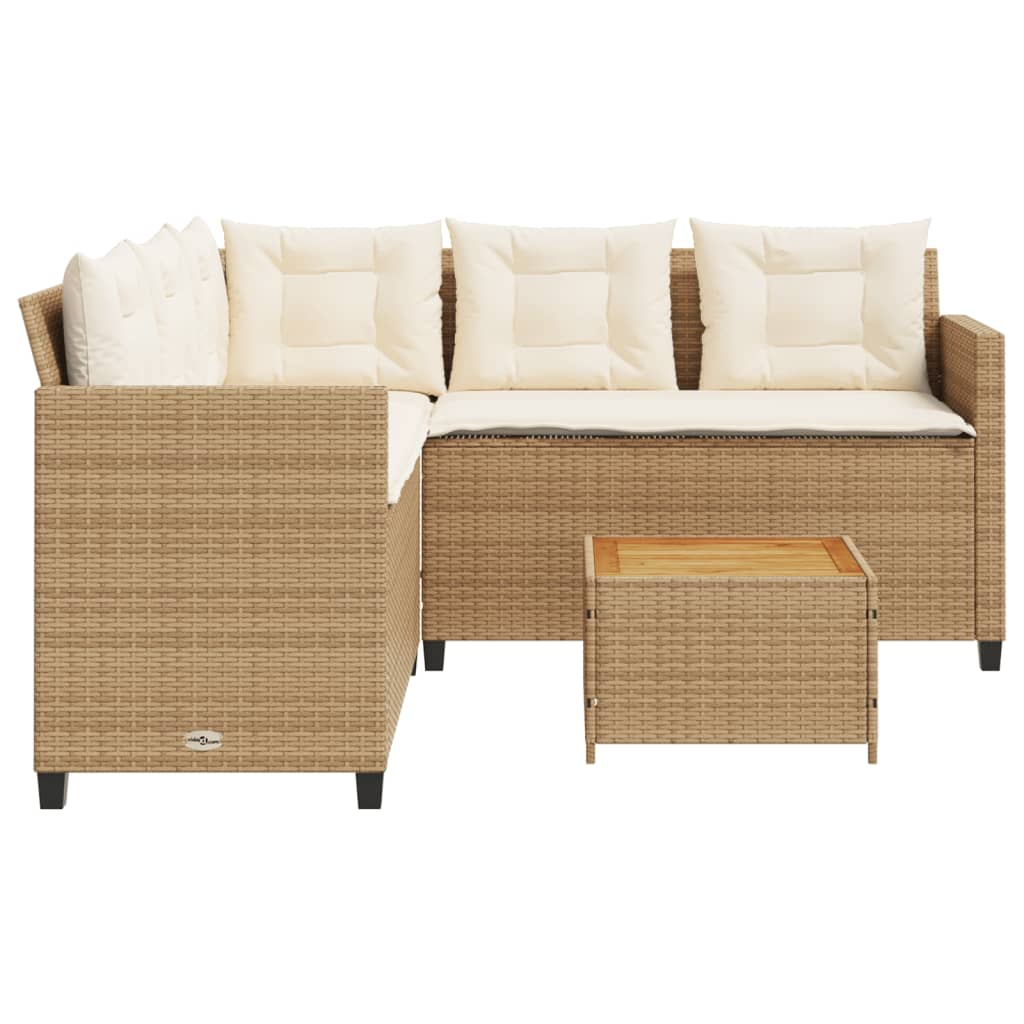 Garden Sofa with Table and Cushions | L-Shaped Beige Poly Rattan | Outdoor Furniture Set