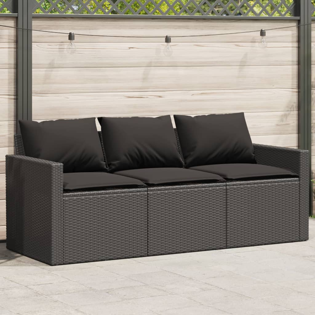 Garden Sofa with Cushions | 3-Seater | Black Poly Rattan