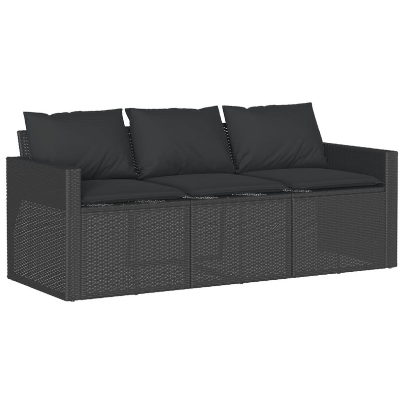 Garden Sofa with Cushions | 3-Seater | Black Poly Rattan